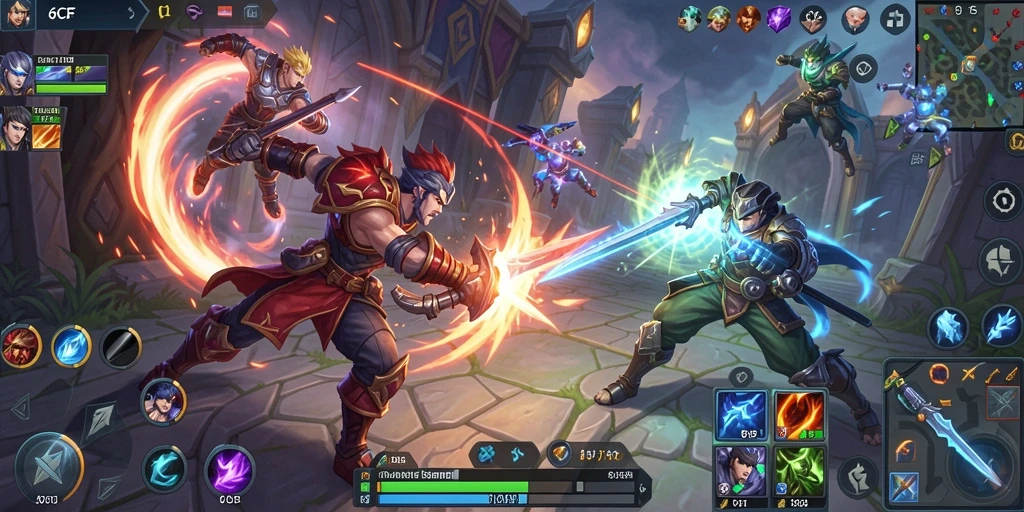 Screenshot utama 6CF menampilkan aksi seru dalam pertarungan MOBA.