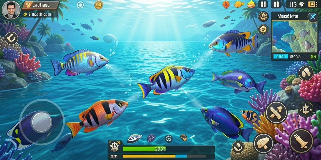 Tampilan gameplay API33 yang menampilkan aksi menembak ikan.
