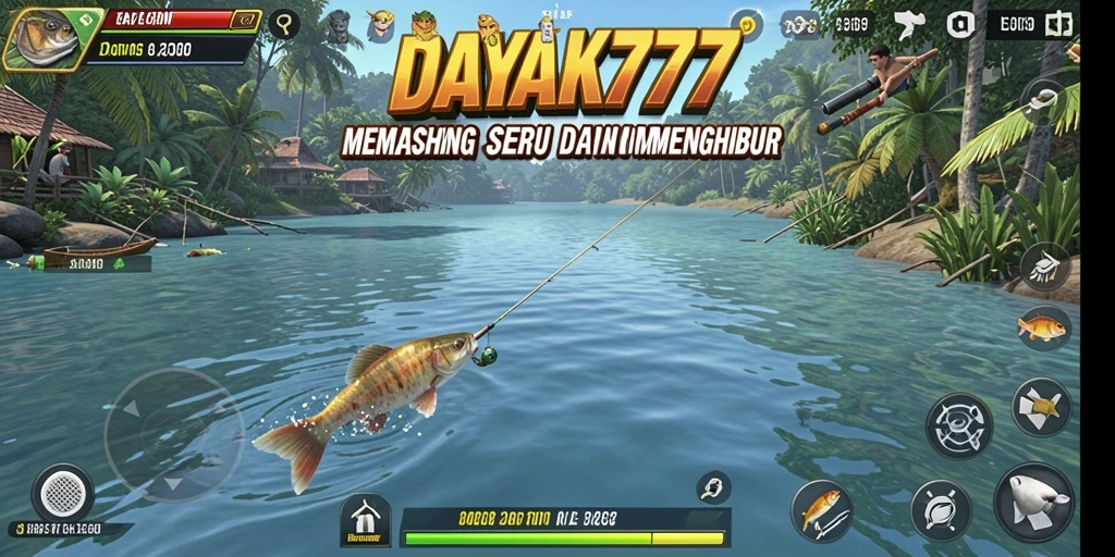 Tampilan apik gameplay memancing di DAYAK777 dengan ikan berwarna-warni.