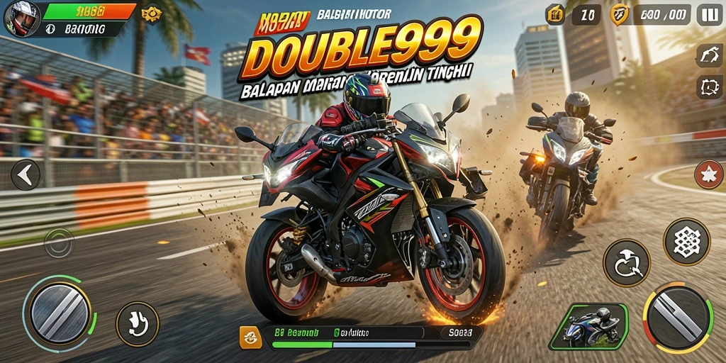 Tampilan dinamis gameplay balapan motor yang seru dan mendebarkan.