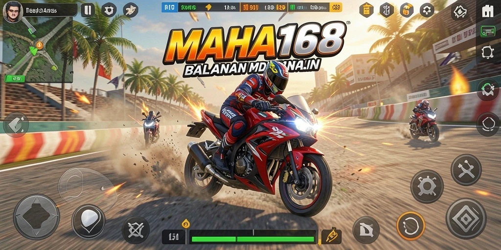 Tampilan gameplay seru balapan motor di MAHA168.