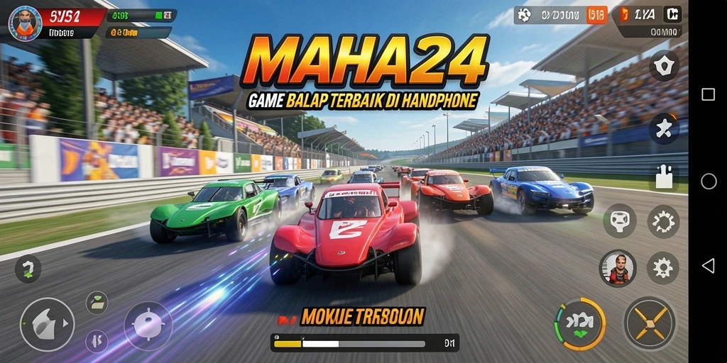 Tampilan utama gameplay MAHA24 dengan kendaraan balap di lintasan yang menantang.