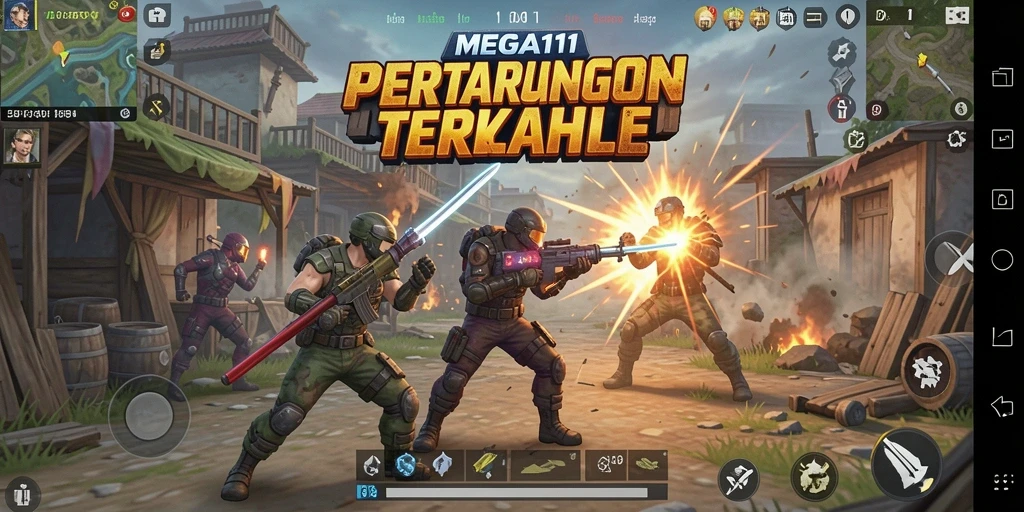 Screenshot MEGA111 menunjukkan pertempuran epik dalam arena Battle Royale.