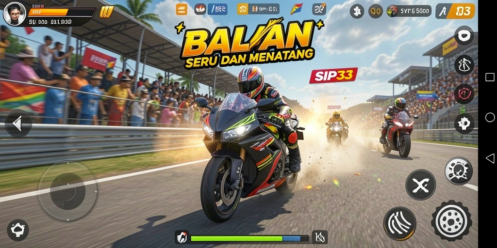Screenshot menampilkan pertempuran motor yang intens di lintasan balapan.